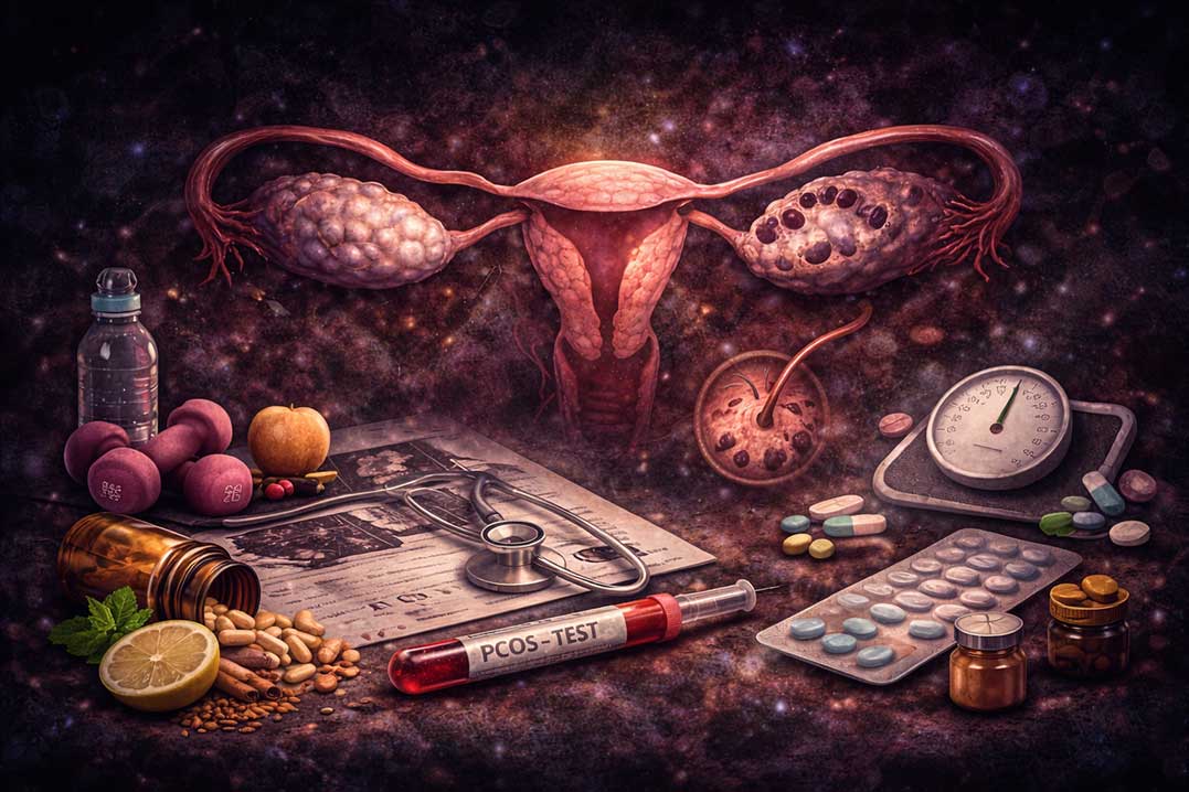 PCOS क्या है – महिलाओं में हार्मोनल असंतुलन और ओवरी में सिस्ट का मेडिकल चित्र