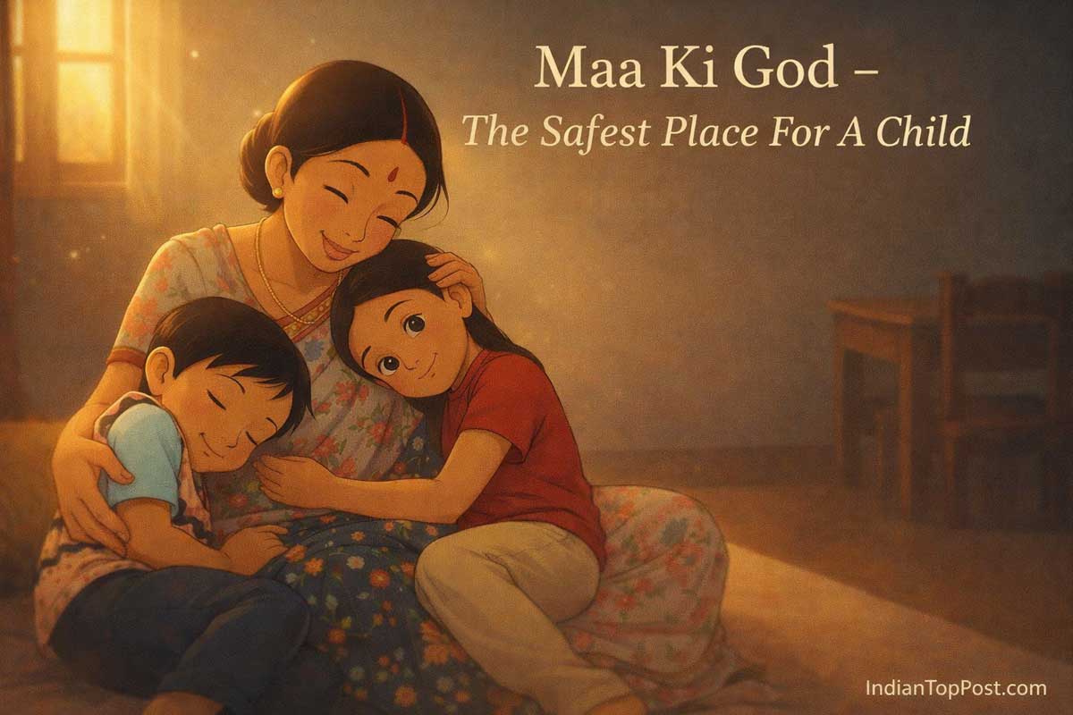 Mother sitting with two children in her lap inside a cozy Indian home, symbolizing emotional bonding, parenting love and the importance of a mother’s lap in child development.