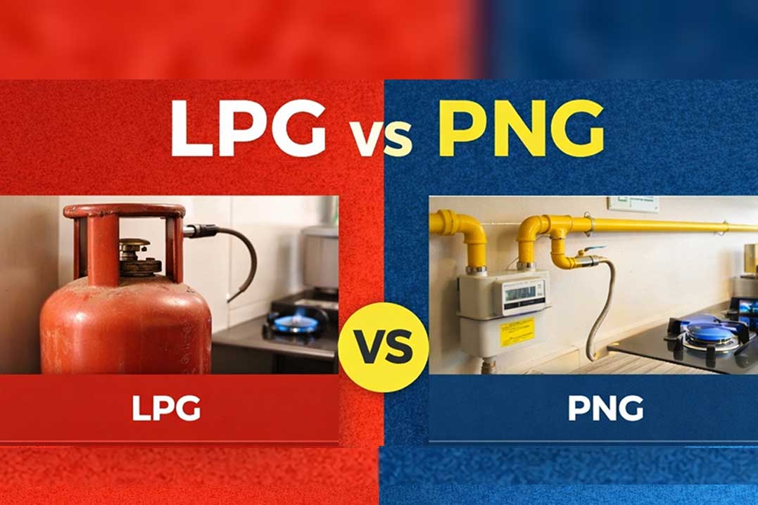 LPG vs PNG comparison image showing difference between cylinder gas and piped natural gas benefits and safety