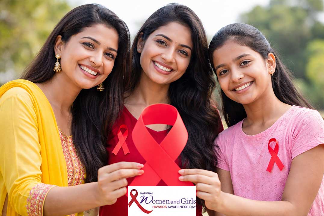 राष्ट्रीय महिला एवं बालिका एचआईवी/एड्स जागरूकता दिवस पर लाल रिबन के साथ जागरूकता दिखाती महिलाएं और बालिका