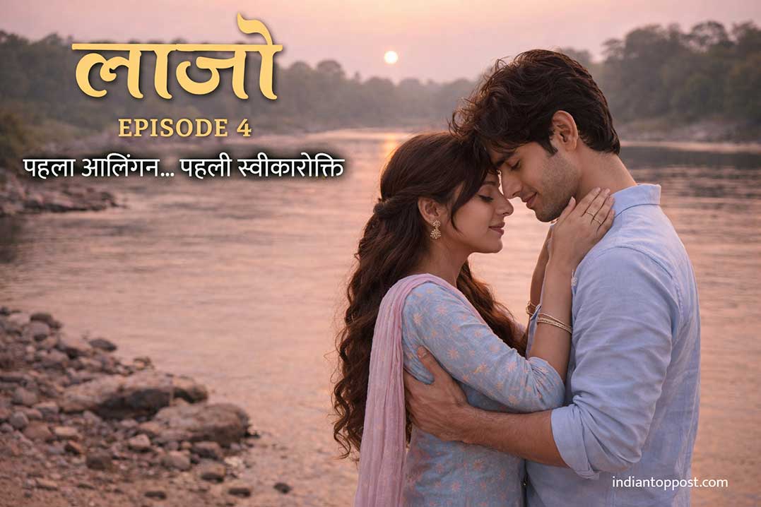 Romantic couple standing close together by a riverside at sunset, sharing an intimate moment with eyes closed and gentle embrace.