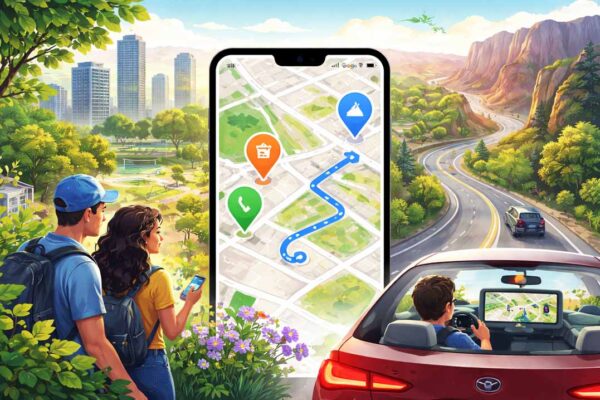 Google Maps app with Gemini AI showing smart navigation route and location pins on smartphone map interface