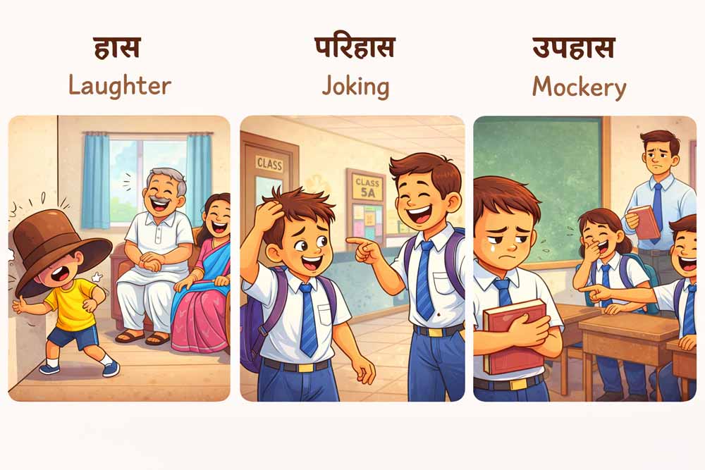 “हास, परिहास और उपहास में अंतर दिखाती हुई cartoon illustration – laughter, friendly joking और mockery का visual comparison”
