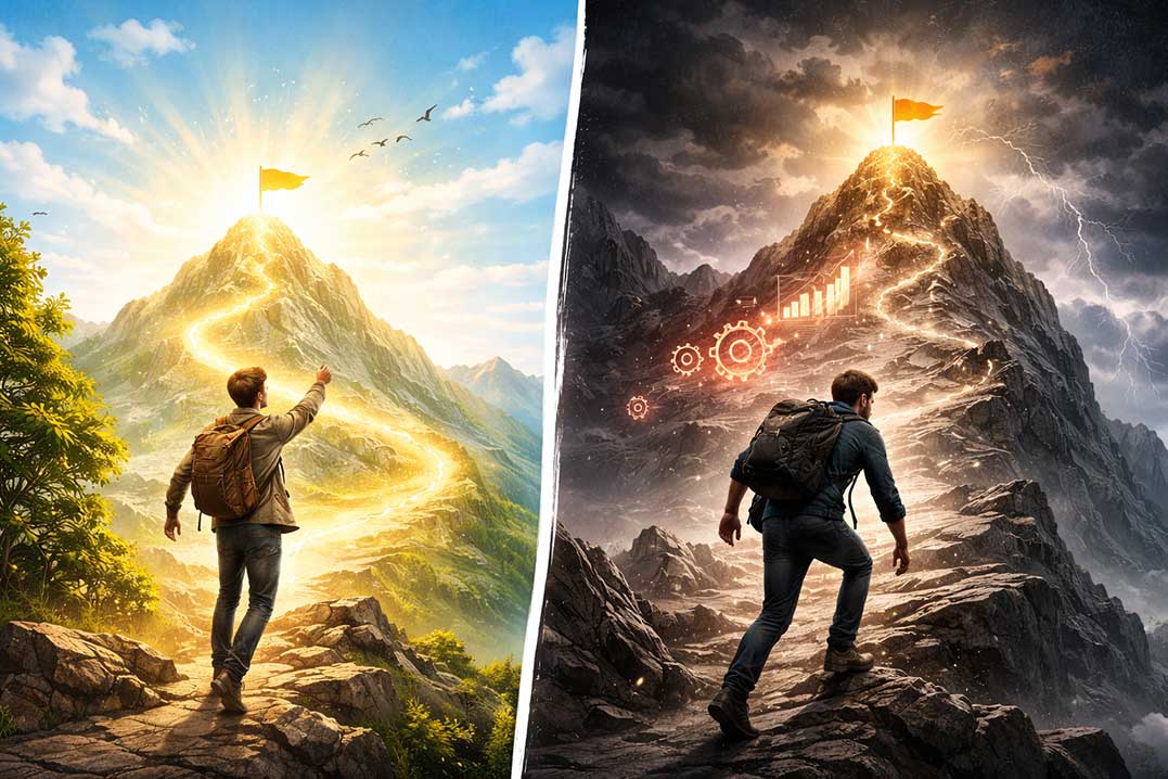 Two men climbing different sides of a mountain toward the same glowing peak, one side bright and hopeful representing positive thinking, the other dark and stormy representing negative but realistic thinking.