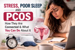 Stress and poor sleep connection with PCOS in women showing symptoms and hormonal health concept