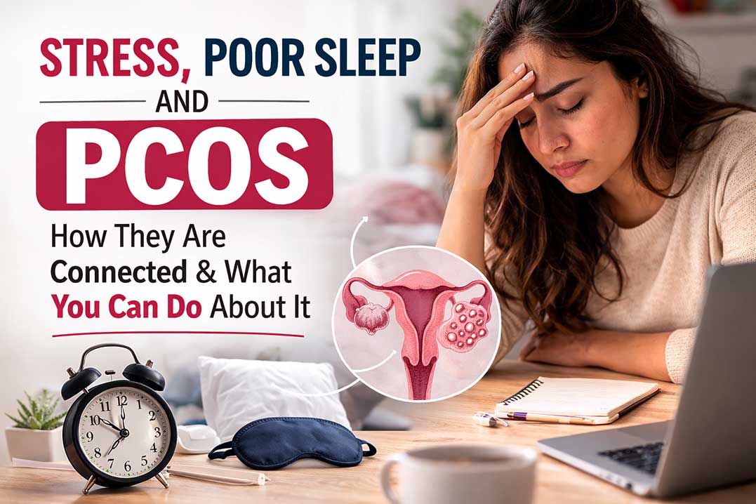 Stress and poor sleep connection with PCOS in women showing symptoms and hormonal health concept