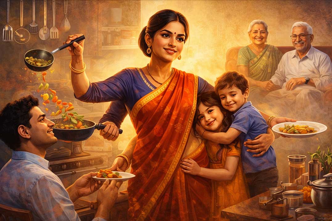 Indian woman managing family, cooking in kitchen, caring for husband, children and elderly parents showing women empowerment in family