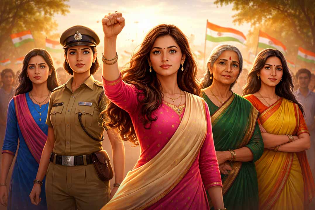 Group of strong Indian women standing together symbolizing safety, dignity and equal rights for women