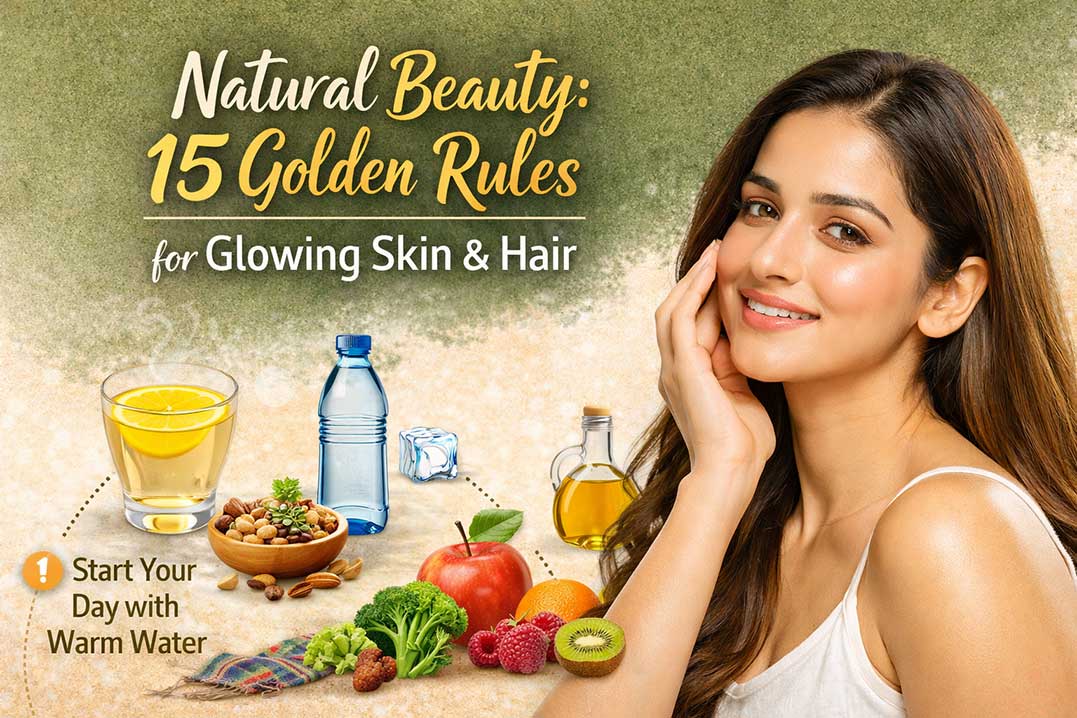 Natural beauty tips for glowing skin and healthy hair with 15 golden rules, featuring a woman with radiant skin and healthy lifestyle elements