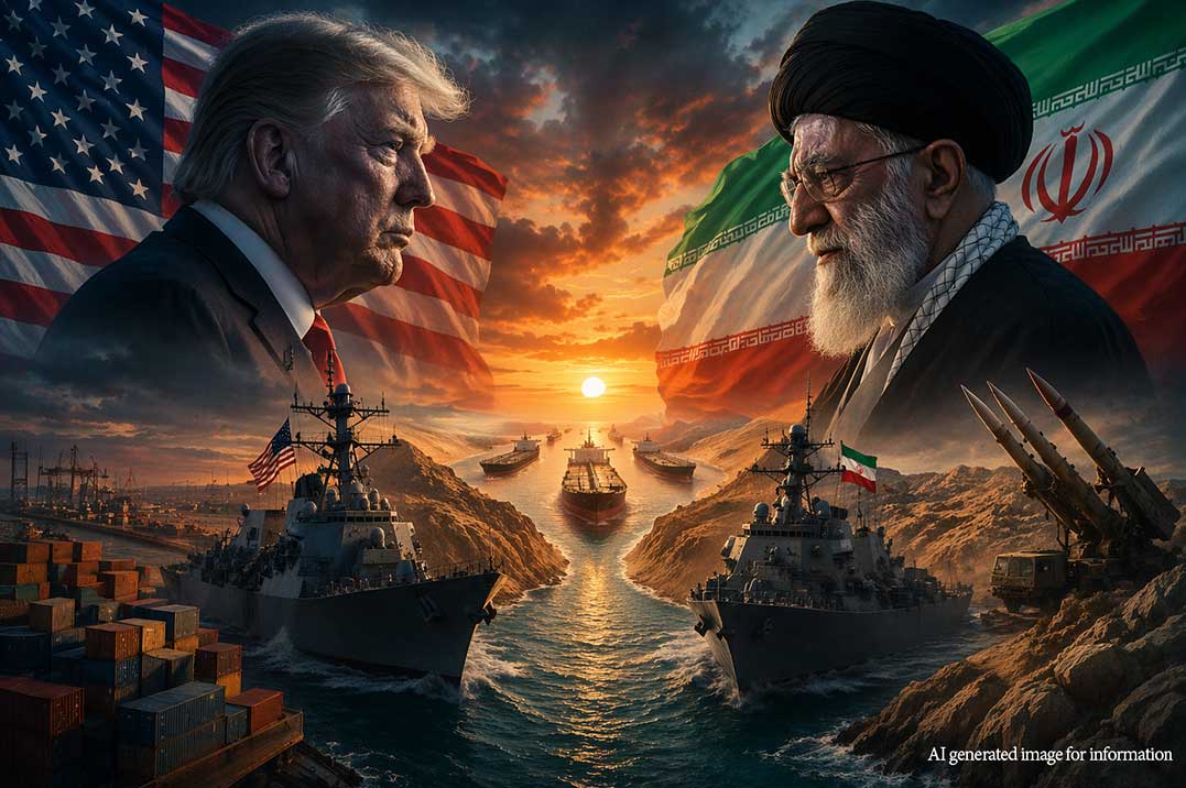 Hormuz Strait tension between Iran and United States with naval ships, oil tankers and military standoff in Middle East sea route