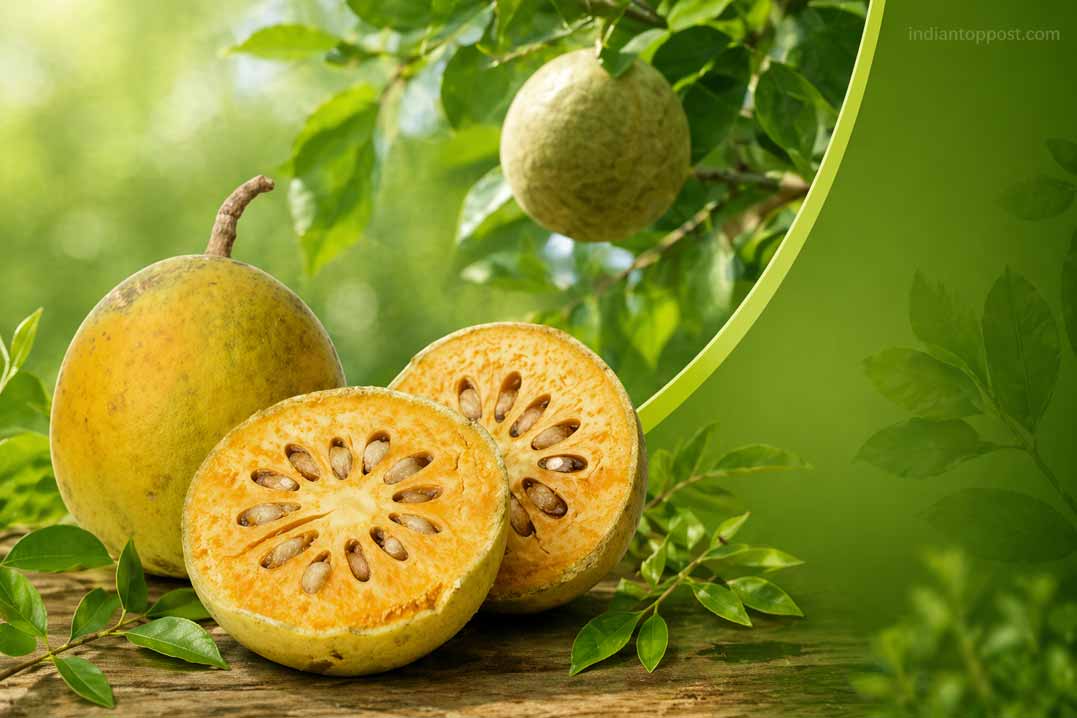 बेल का फल और कटे हुए बेल की तस्वीर, जो बेल का शरबत पीने के फायदे को दर्शाती है