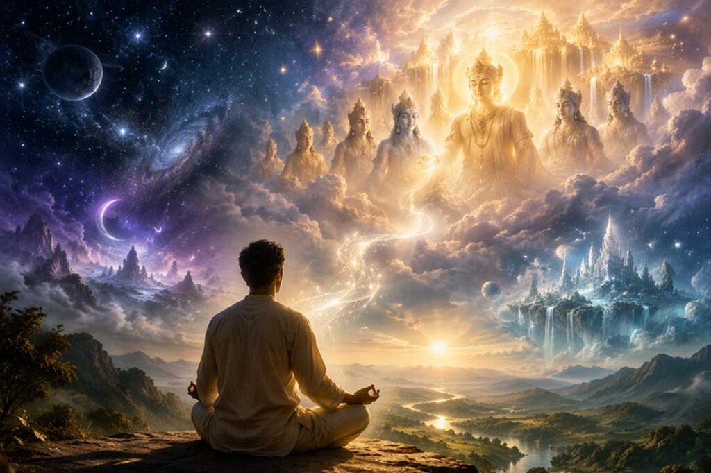 भुलोक का एक व्यक्ति ध्यान में बैठकर दिव्य लोकों और देव चेतनाओं से जुड़ता हुआ दृश्य