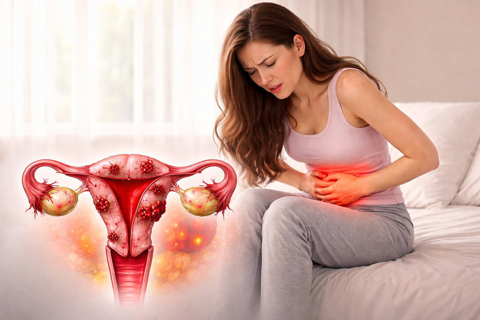 पीरियड के दौरान पेट दर्द से परेशान महिला और एंडोमेट्रियोसिस की मेडिकल illustration