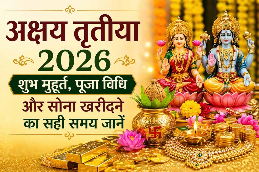 अक्षय तृतीया 2026 पर मां लक्ष्मी और भगवान विष्णु की पूजा, सोना-चांदी और शुभ मुहूर्त का दृश्य