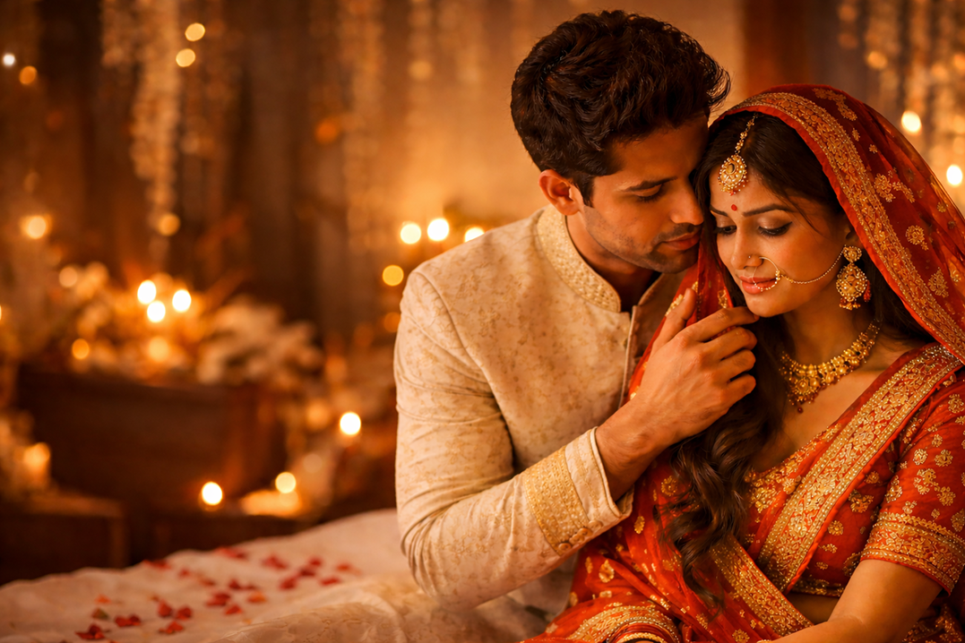 शादी की पहली रात एक नई दुल्हन अपने पति के साथ शर्माते हुए बैठी है, पति प्यार से उसके करीब आकर उसे comfortable feel कराने की कोशिश कर रहा है।