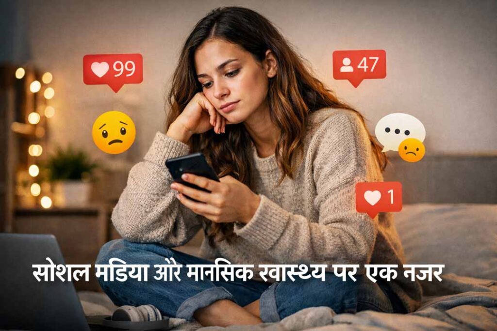 सोशल मीडिया इस्तेमाल करते समय चिंतित दिखती युवती — सोशल मीडिया और मानसिक स्वास्थ्य का प्रभाव