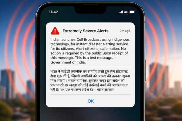 मोबाइल स्क्रीन पर भारत सरकार का “Extremely Severe Alerts” इमरजेंसी टेस्ट मैसेज दिखाई दे रहा है, जिसमें सेल ब्रॉडकास्ट तकनीक के जरिए आपदा चेतावनी सेवा शुरू होने की जानकारी दी गई है।