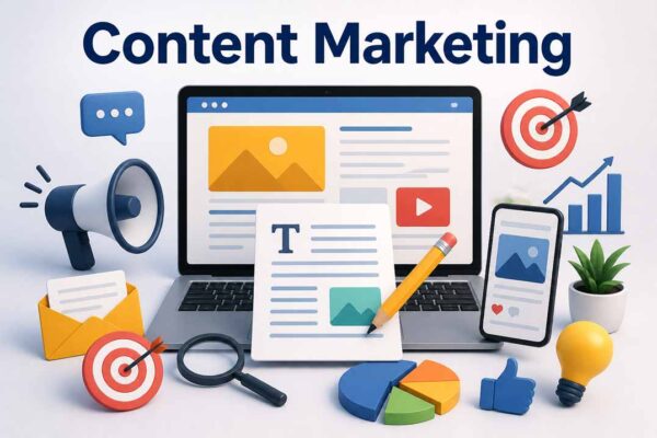 Content marketing concept with laptop, analytics icons, target and digital marketing tools illustration