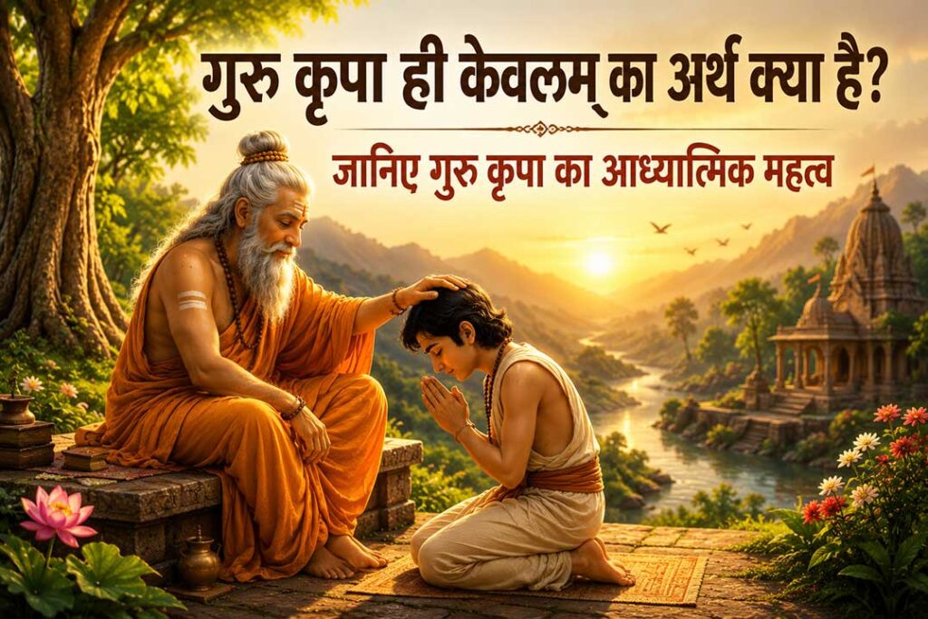 गुरु कृपा ही केवलम् — गुरु के आशीर्वाद और समर्पण को दर्शाती आध्यात्मिक दृश्यात्मक छवि।