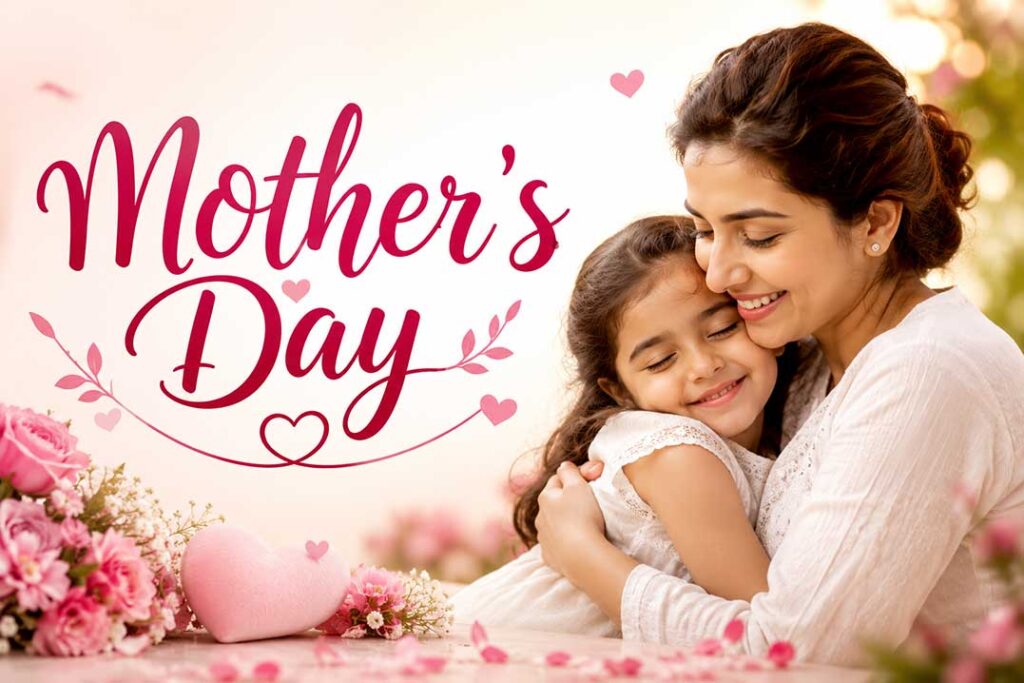 Happy Mother’s Day image with loving mother hugging her daughter, emotional motherhood visual with flowers and soft pink background