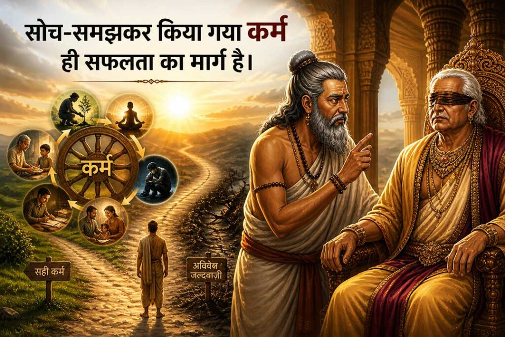 विदुर नीति पर आधारित फीचर इमेज जिसमें विदुर और धृतराष्ट्र के साथ कर्म चक्र और सही कर्म का आध्यात्मिक दृश्य दिखाया गया है.
