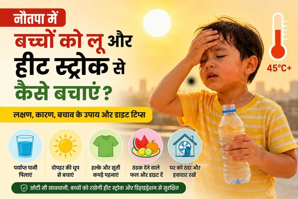 नौतपा 2026 के दौरान गर्मी में पानी की बोतल पकड़े बच्चा, लू और हीट स्ट्रोक से बचाव के उपाय दर्शाती फीचर इमेज