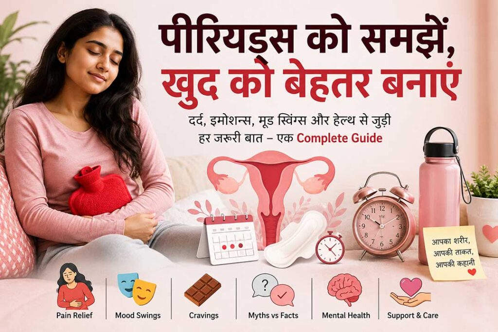 पीरियड्स दर्द, mood swings और महिलाओं की health issues को दर्शाती एक feature image जिसमें महिला hot water bag के साथ बैठी है।