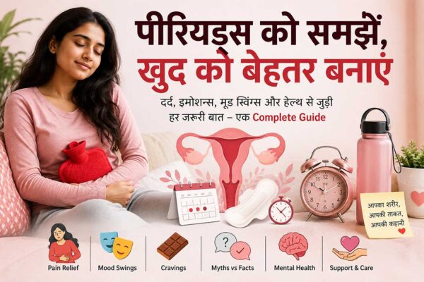 पीरियड्स दर्द, mood swings और महिलाओं की health issues को दर्शाती एक feature image जिसमें महिला hot water bag के साथ बैठी है।