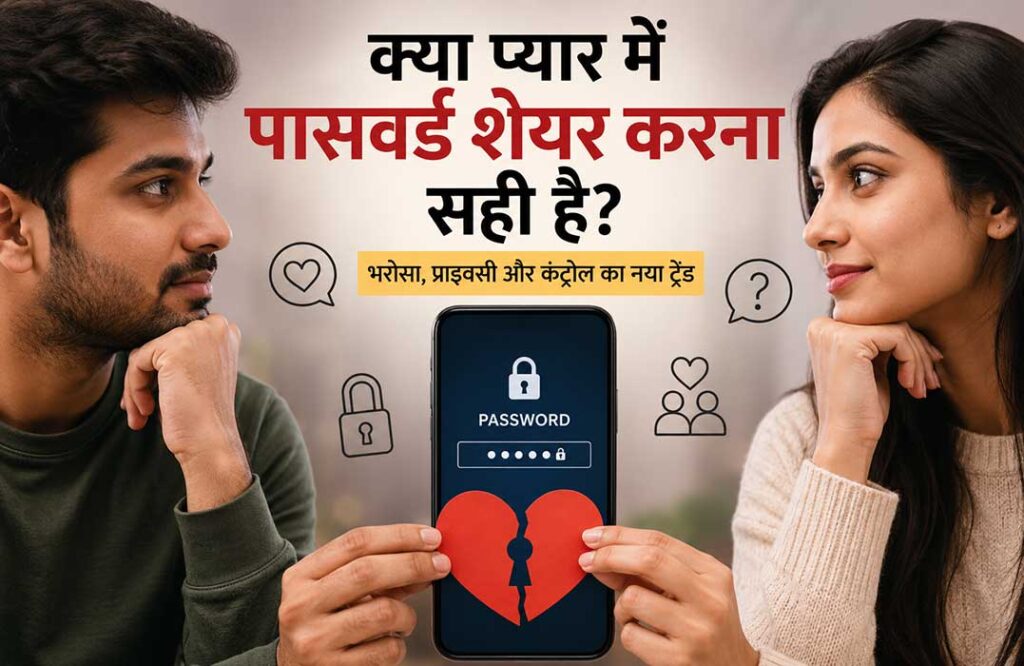 प्यार में पासवर्ड शेयर करने को लेकर सोचते हुए कपल की तस्वीर, बीच में मोबाइल स्क्रीन पर पासवर्ड लॉक और भरोसा-प्राइवेसी से जुड़ा संदेश।