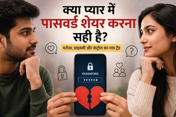 प्यार में पासवर्ड शेयर करने को लेकर सोचते हुए कपल की तस्वीर, बीच में मोबाइल स्क्रीन पर पासवर्ड लॉक और भरोसा-प्राइवेसी से जुड़ा संदेश।