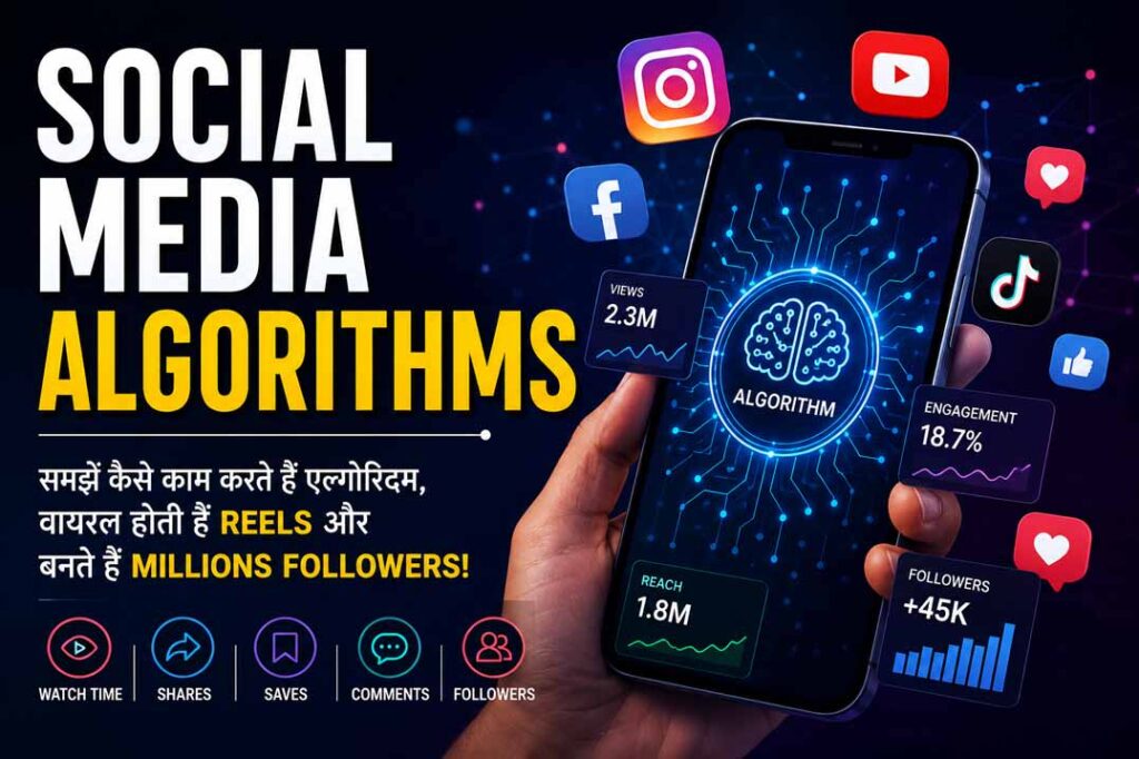 Smartphone screen showing social media algorithm analytics with Instagram, YouTube and TikTok icons, representing viral reels, engagement and followers growth.