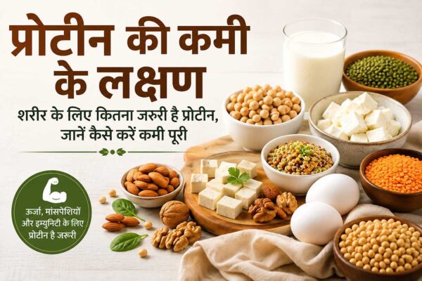 प्रोटीन की कमी के लक्षण और प्रोटीन युक्त खाद्य पदार्थों की जानकारी देता फीचर इमेज