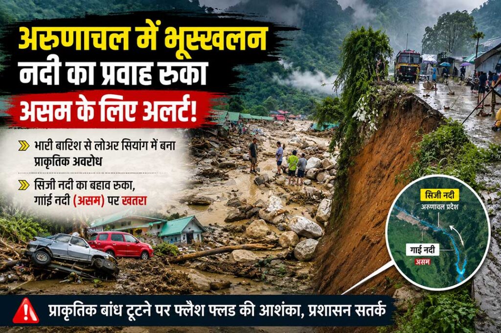 अरुणाचल प्रदेश के लोअर सियांग जिले में भारी बारिश के बाद हुए भूस्खलन और बाढ़ का दृश्य, सिजी नदी का प्रवाह रुकने से असम के निचले इलाकों में फ्लैश फ्लड का खतरा।