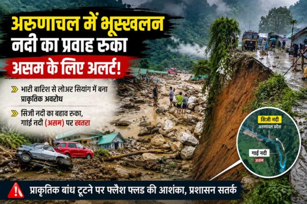 अरुणाचल प्रदेश के लोअर सियांग जिले में भारी बारिश के बाद हुए भूस्खलन और बाढ़ का दृश्य, सिजी नदी का प्रवाह रुकने से असम के निचले इलाकों में फ्लैश फ्लड का खतरा।