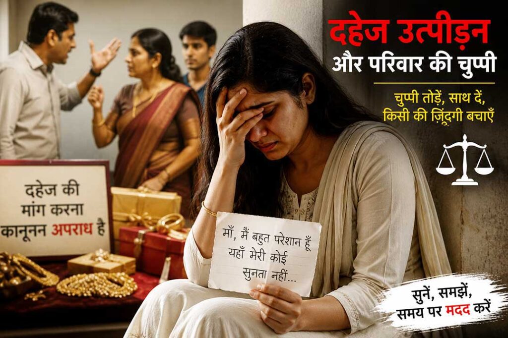 दहेज उत्पीड़न और परिवार की चुप्पी पर आधारित जागरूकता चित्र, जिसमें एक परेशान महिला मदद की उम्मीद में बैठी दिखाई दे रही है।