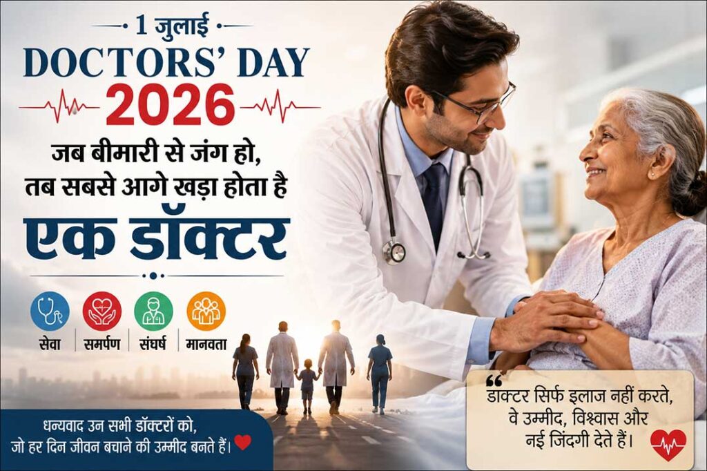 Doctors' Day 2026 पर एक डॉक्टर बुजुर्ग मरीज का हाथ थामकर हौसला बढ़ाते हुए। यह चित्र डॉक्टरों की सेवा, समर्पण, संघर्ष और मानवता को दर्शाता है।