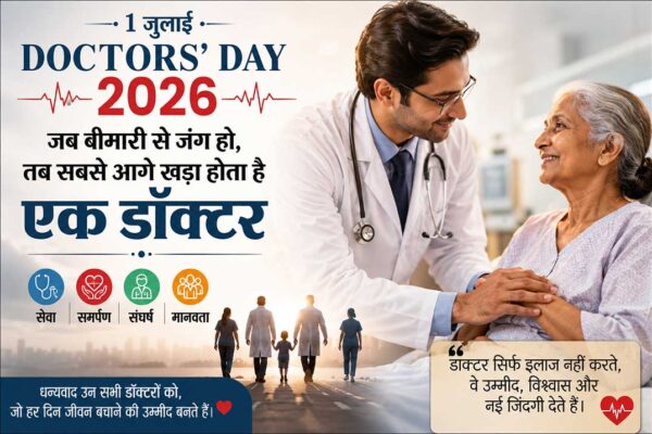 Doctors' Day 2026 पर एक डॉक्टर बुजुर्ग मरीज का हाथ थामकर हौसला बढ़ाते हुए। यह चित्र डॉक्टरों की सेवा, समर्पण, संघर्ष और मानवता को दर्शाता है।