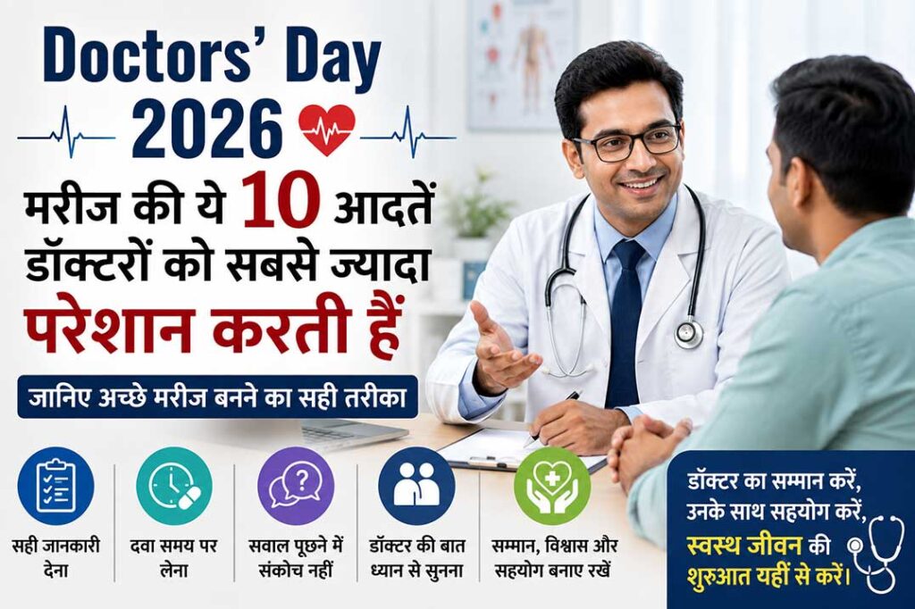 Doctors' Day 2026 पर डॉक्टर और मरीज की बातचीत का दृश्य, जिसमें मरीज की 10 आदतों, अच्छे डॉक्टर की पहचान और जिम्मेदार मरीज बनने के सही तरीके को दर्शाया गया है।