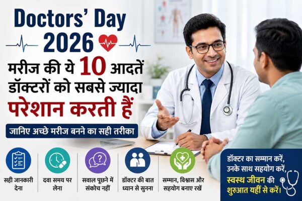 Doctors' Day 2026 पर डॉक्टर और मरीज की बातचीत का दृश्य, जिसमें मरीज की 10 आदतों, अच्छे डॉक्टर की पहचान और जिम्मेदार मरीज बनने के सही तरीके को दर्शाया गया है।