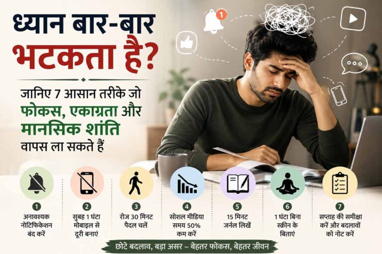 ध्यान भटकने और मानसिक थकान से परेशान व्यक्ति, फोकस और एकाग्रता बढ़ाने के 7 आसान तरीके दर्शाती हुई हिंदी इन्फोग्राफिक।