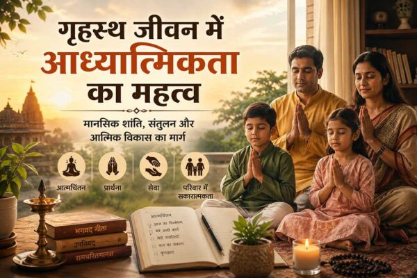 गृहस्थ जीवन में आध्यात्मिकता का महत्व दर्शाती प्रार्थना और ध्यान करती भारतीय परिवार की प्रेरणादायक छवि