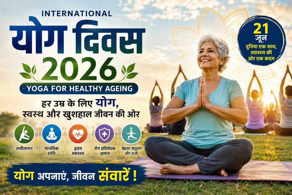 अंतरराष्ट्रीय योग दिवस 2026 थीम स्वस्थ वृद्धावस्था के लिए योग, पार्क में योग करती वरिष्ठ महिला और स्वास्थ्य लाभ दर्शाता पोस्टर