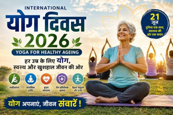अंतरराष्ट्रीय योग दिवस 2026 थीम स्वस्थ वृद्धावस्था के लिए योग, पार्क में योग करती वरिष्ठ महिला और स्वास्थ्य लाभ दर्शाता पोस्टर
