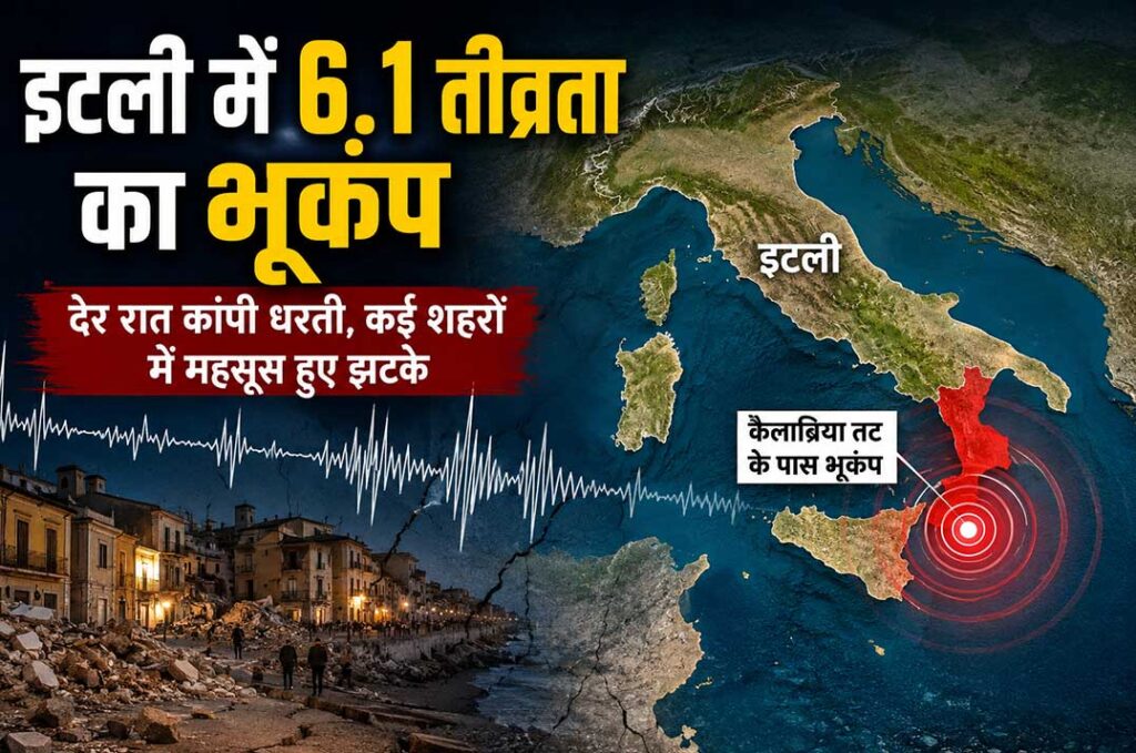 इटली के कैलाब्रिया तट के पास 6.1 तीव्रता के भूकंप के बाद प्रभावित क्षेत्र को दर्शाता ग्राफिक।