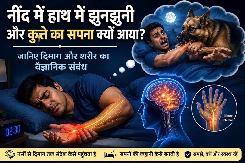 नींद में हाथ में झुनझुनी होने, नसों के संकेत दिमाग तक पहुंचने और कुत्ते वाले सपने के वैज्ञानिक संबंध को दर्शाती चित्रात्मक फीचर इमेज।