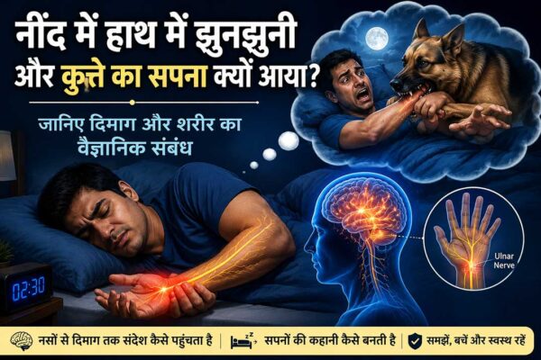 नींद में हाथ में झुनझुनी होने, नसों के संकेत दिमाग तक पहुंचने और कुत्ते वाले सपने के वैज्ञानिक संबंध को दर्शाती चित्रात्मक फीचर इमेज।