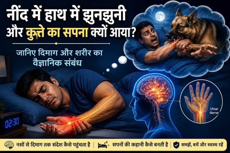 नींद में हाथ में झुनझुनी होने, नसों के संकेत दिमाग तक पहुंचने और कुत्ते वाले सपने के वैज्ञानिक संबंध को दर्शाती चित्रात्मक फीचर इमेज।