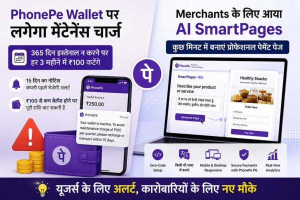 PhonePe Wallet मेंटेनेंस चार्ज और AI SmartPages फीचर की जानकारी दिखाती फीचर इमेज