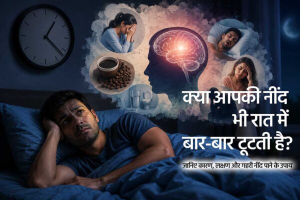 रात में बार-बार नींद खुलने से परेशान व्यक्ति, नींद की समस्या के कारण और गहरी नींद से जुड़े संकेतों को दर्शाती फीचर इमेज।