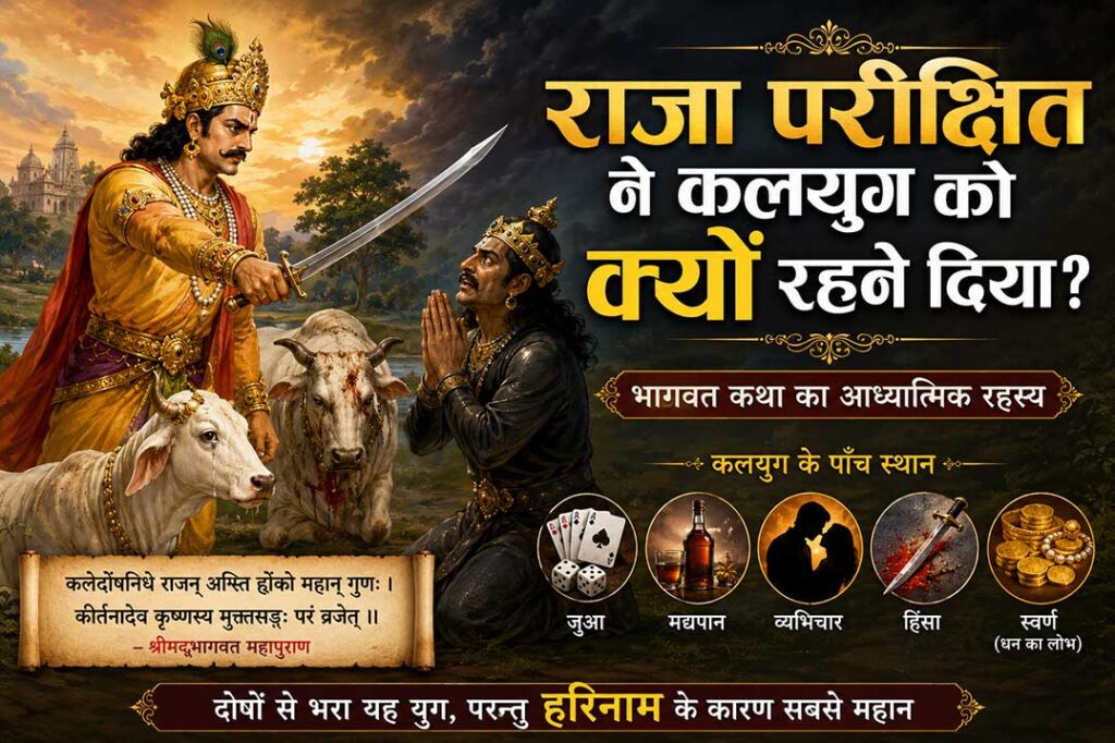 राजा परीक्षित द्वारा कलयुग को सीमित स्थानों पर रहने की अनुमति देने वाली भागवत कथा का आध्यात्मिक चित्रण